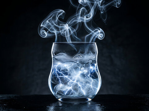 Glass tumbler containing swirling smoke and electric lightning bolts