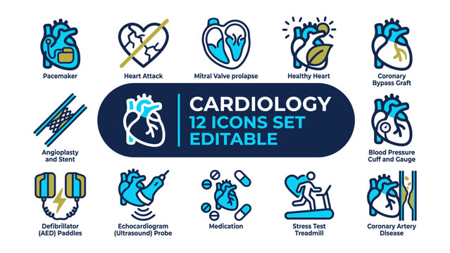 Cardiology Icons Set: A comprehensive collection of 12 editable icons representing various aspects of cardiology, including pacemaker, heart attack, mitral valve prolapse, healthy heart.