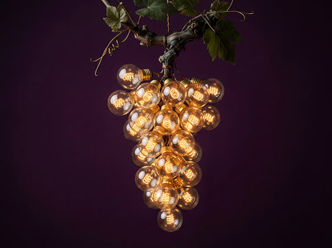 Bunch of glowing light bulbs shaped like grapes hanging from a vine
