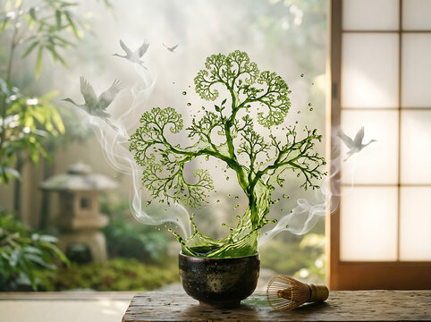 Green tea splash forming a fractal tree shape with flying cranes in a