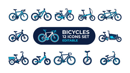 Bicycle Icon Collection: A comprehensive set of 12 editable bicycle icons showcasing diverse styles, from road bikes and mountain bikes to cargo bikes and unicycles. © mahmuda428
