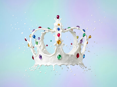Milk splash crown shape with colorful gemstone accents on a soft
