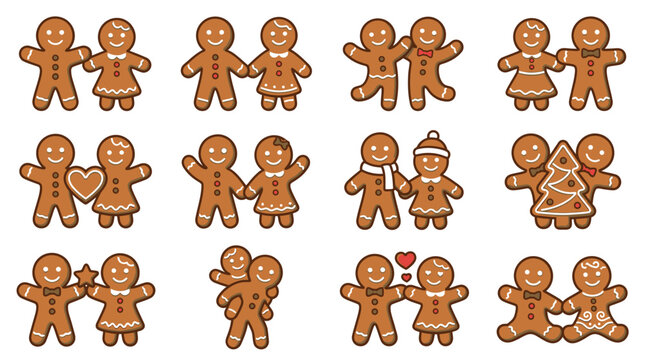 Gingerbread cookies depict happy holiday couples in different poses and festive outfits arranged neatly across the grid.