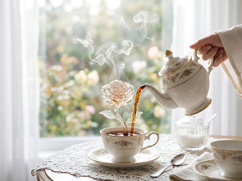 Hand pouring hot tea into a floral teacup with a glass rose sculpture