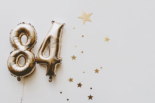 Elegant gold 84 balloon celebration with star confetti on white background