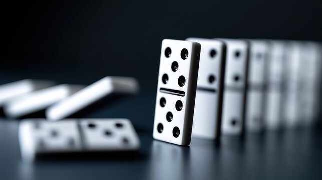 A row of white dominoes standing upright with some fallen in the foreground, set against a dark, reflective background