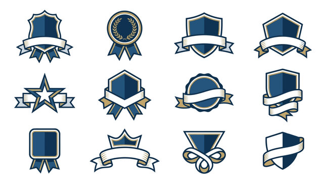 Shield badges and ribbons collection featuring dark blue and gold emblems with empty banners for custom text.