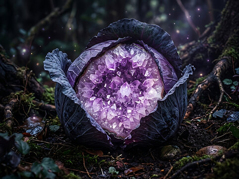 Purple cabbage with a glowing amethyst crystal center resting on a