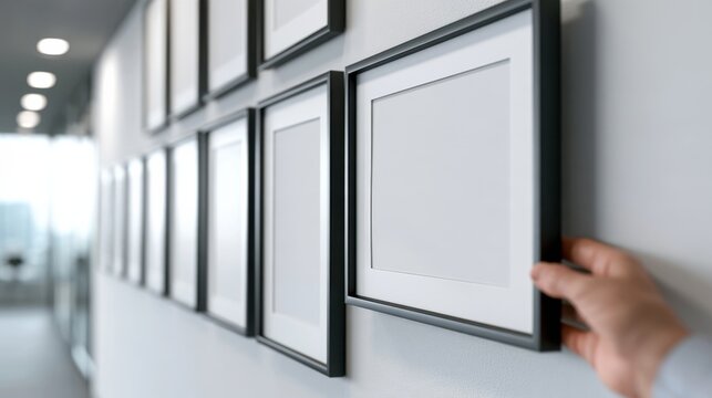 A hand reaching out to adjust a blank picture frame on a wall lined with multiple frames. The scene suggests a gallery, office, or home setting, ready for personalization