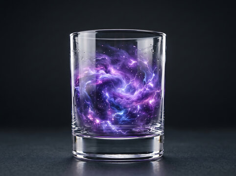 Purple nebula swirling inside a clear glass tumbler isolated on a