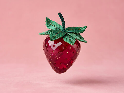 Crystal strawberry ornament with green fabric leaves floating against