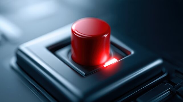 A close-up shot of a bright red button illuminated with a glowing light, set within a dark, metallic, futuristic-looking console or interface. The button appears to be a command or activation switch.