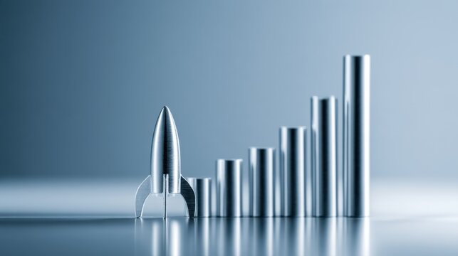 A silver rocket launching up a series of bar graph columns representing growth and success
