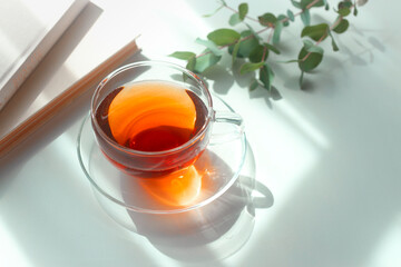 Black tea with books and eucalyptus leaves in bright natural sunlight © 清美 小池