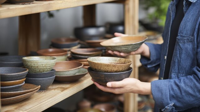 Person selecting handcrafted ceramic bowls on wooden shelves in artisan shop