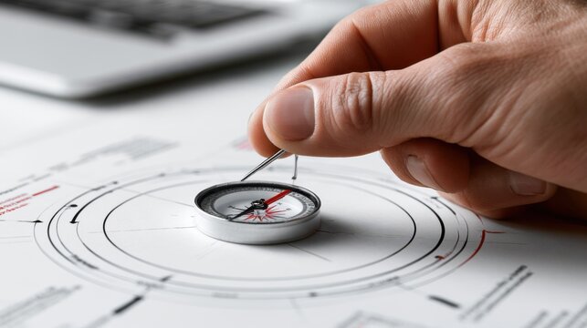 A close-up shot of a hand holding a compass over a business chart, symbolizing direction and strategy