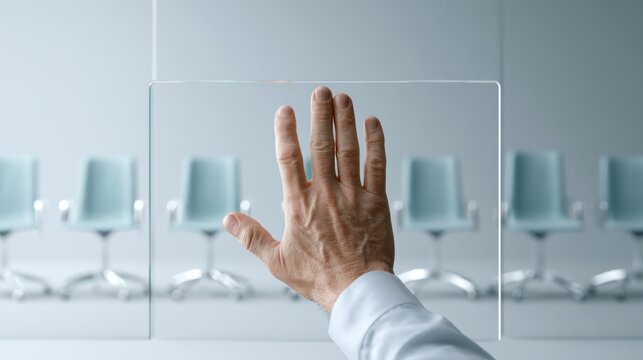 A hand reaches out to touch a transparent screen with a row of empty chairs behind it, suggesting a choice or decision