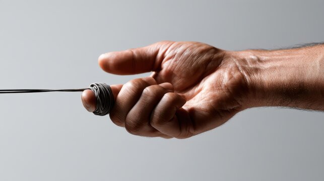 A close-up shot of a hand holding a thin wire with a knot at the end