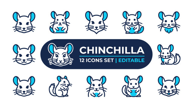 Chinchilla Icon Set: A collection of twelve unique, adorable chinchilla icons in a consistent blue and white color scheme, perfect for branding, design, or educational purposes.