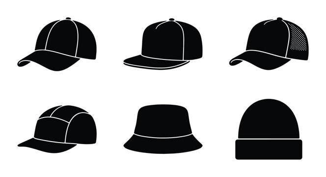Headwear silhouettes set with baseball caps and bucket hat, beanie for fashion and sports logo