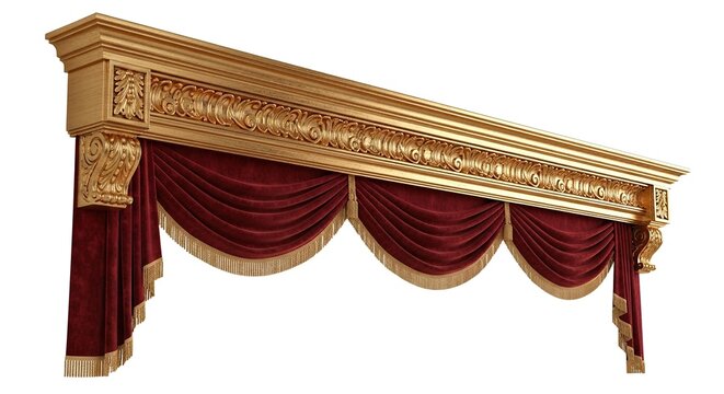 Ornate Gold Cornice with Dramatic Red Curtains.