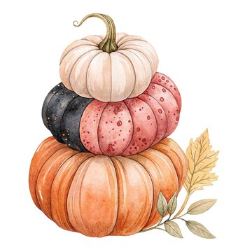 Cute watercolor illustration of a stack of pumpkins with autumn leaves isolated