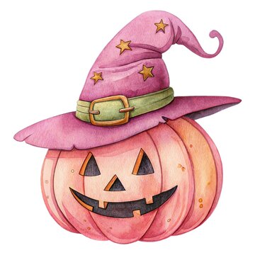 Cute watercolor illustration of a friendly pink carved pumpkin with a witch hat isolated