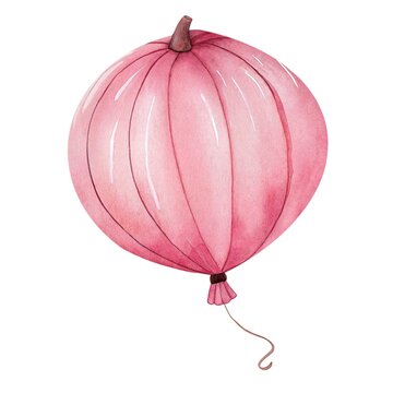 Cute watercolor illustration of a festive pink pumpkin balloon isolated