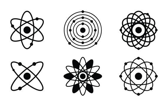 Atomic structure silhouettes set with nucleus and orbits for science and technology logo