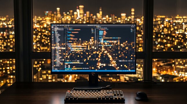 A computer monitor displaying programming code on a desk in front of a city skyline with monitor displays software