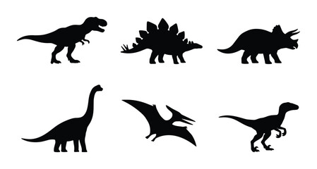 Dinosaur silhouettes set with T-Rex, Stegosaurus, Triceratops, Brontosaurus, Pterodactyl and Raptor for prehistoric themes © Polas