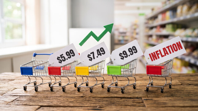 Miniature shopping carts with rising price tags and an upward green arrow showing grocery inflation.