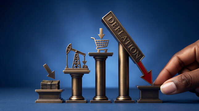 Hand holding a downward red arrow with oil rig and money icons representing economic decline. Economic deflation, recession, and market crash concept with falling prices.