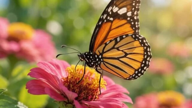 Monarch butterfly feeding on vibrant pink zinnia flower in sunny garden
