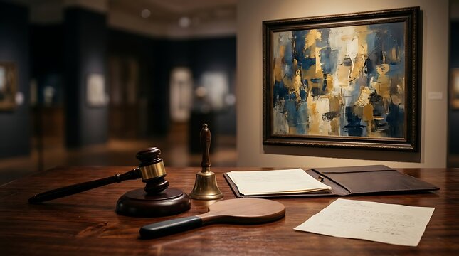 Auction gavel bell and documents on a wooden table in front of abstract art.