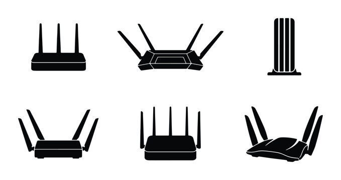 Router silhouettes set with wireless modems and antennas for technology and internet connection logo