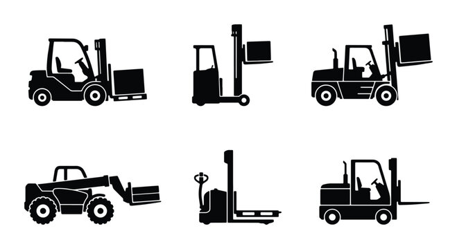 Forklift and loader silhouettes set with industrial vehicles for logistics and transport
