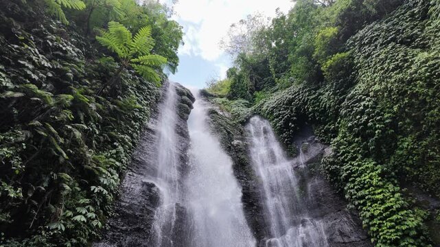 Low angle view of Sekumpul waterfall cascading down tropical cliffs surrounded by lush green rainforest, fresh water flowing, vibrant nature scenery, travel and tourism atmosphere in Bali, Indonesia