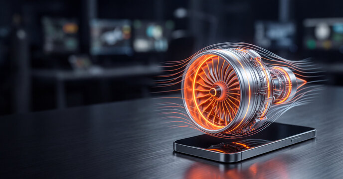 Futuristic jet engine hologram projecting from smartphone on dark metallic desk with aerodynamic flow lines
