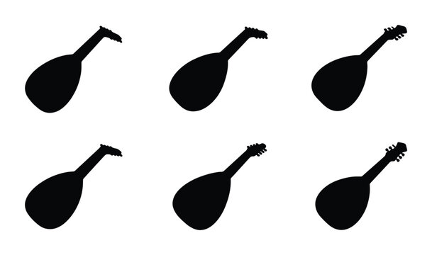 Lute silhouettes set with musical instruments for audio and entertainment logos