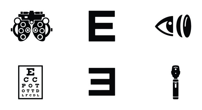 Ophthalmology symbols set with eye chart, phoropter, eye exam light and contact lens for vision test logo