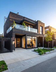 Fototapeta premium A stunning modern house built with dark brickwork, featuring large windows and a glass balcony. This serene, luxurious home exudes warmth and architectural elegance. No people, nobody included.