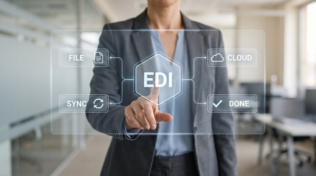 EDI Electronic Data Interchange concept. Businesswoman in suit touching virtual digital interface with data transfer icons in modern office