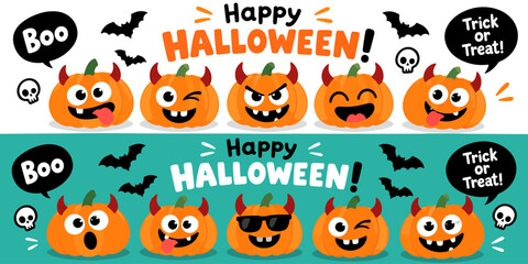 Fototapeta premium Happy Halloween banner with cute smiling pumpkins and bats, cartoon style vector illustration
