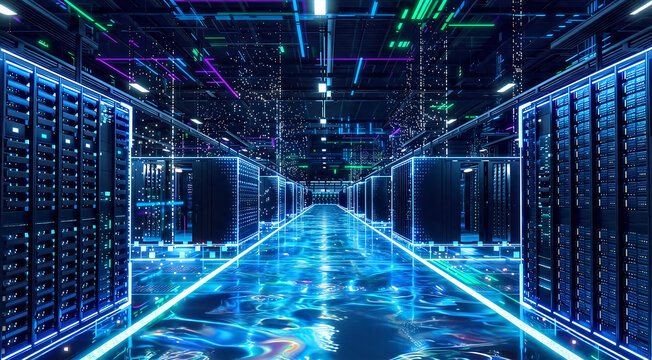 Futuristic Server Room with Neon Lights: A long, glowing corridor of a modern data center, lined with racks of servers, illuminated by vibrant neon blue and purple lights.