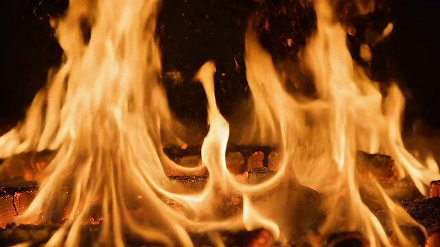 A strong natural wood fire burning inside a dark rustic fireplace, with several partially charred wooden logs surrounded by glowing embers and intense orange-yellow flames