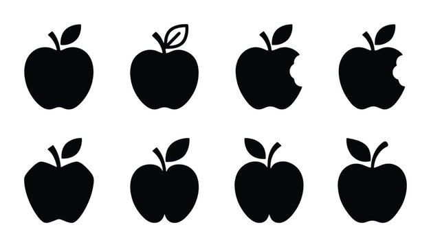 Apple silhouettes set with whole and bitten fruits for healthy eating and food logos