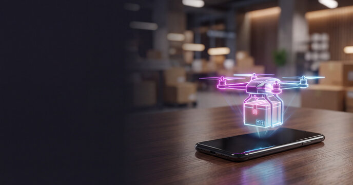 Futuristic glowing holographic delivery drone projecting package transport service from smartphone on wooden table