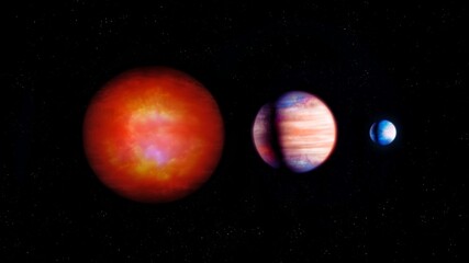 Size comparison of a brown dwarf, a gas giant, and a rocky planet. Failed star, Jupiter-like planet, and Super-Earth on a black background. © Nazarii