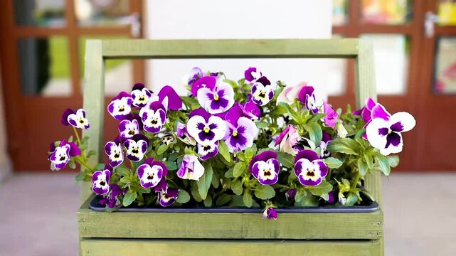 Detailed view of vibrant violet, yellow, and white pansies growing inside a green rustic wooden planter box outdoors in natural light. 